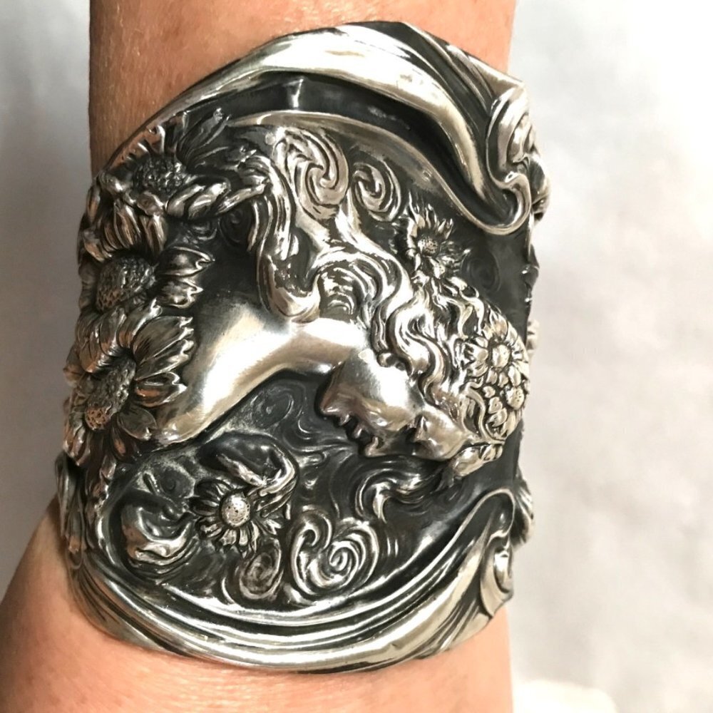 Antique Unger Bros Sterling Silver Cuff Bracelet Victorian 925 Lady Face - Picture 3 of 9